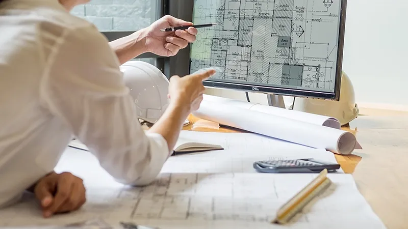 Person is looking at blueprint with monitor and paper.